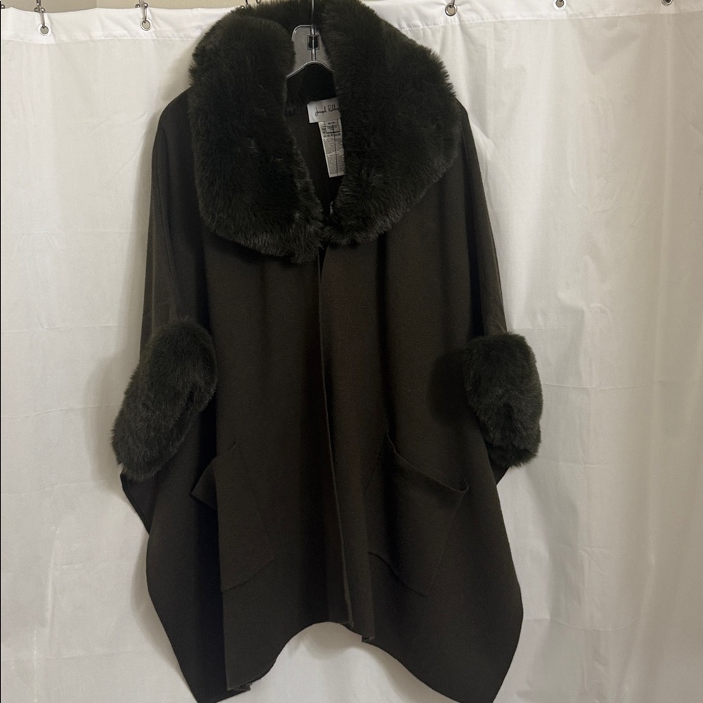 Olive Luxurious Faux Fur-Trimmed Cape by Joseph Ribkoff OS